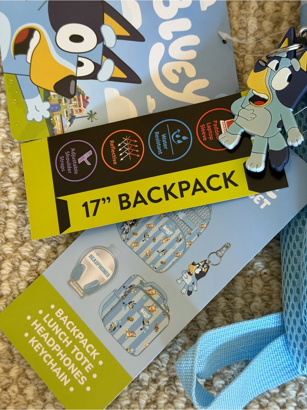 Bluey 17” 4 Piece Back Pack Set With Headphones Lunch Tote and Key Chain NEW